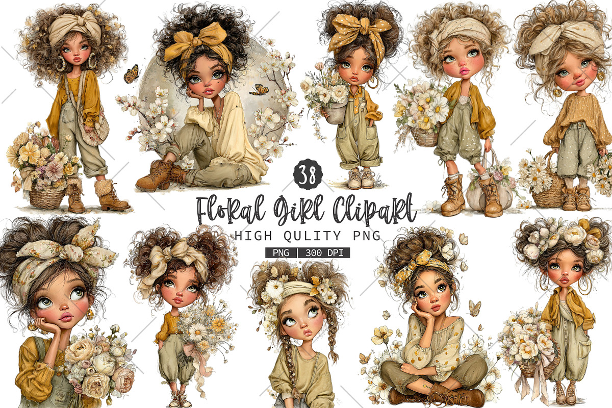 Floral Girl PNG Clipart Set, an Illustration by OK Design (Photo 1 of 6)