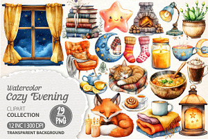 Watercolor Cozy Evening Clipart, an Illustration by Dream Creation