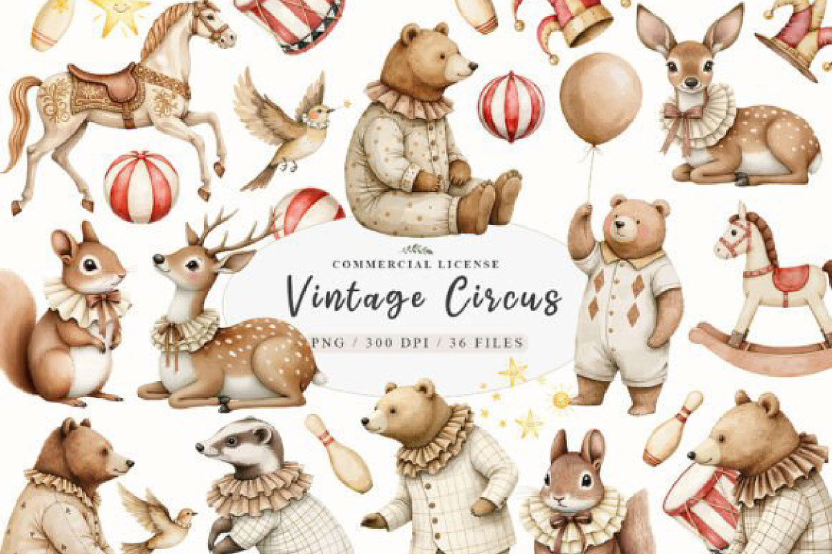 Watercolor Cute Circus Party, an Animal Illustration by JackArt (Photo 1 of 6)