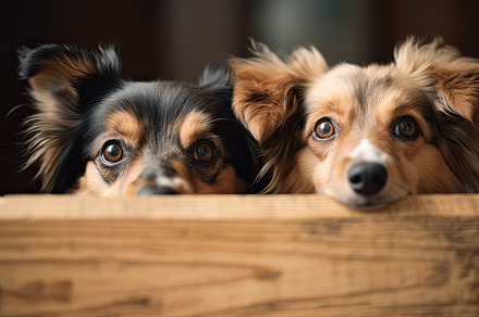 cute dogs looking out of a wooden bo, a Photo by Iftikhar Alam