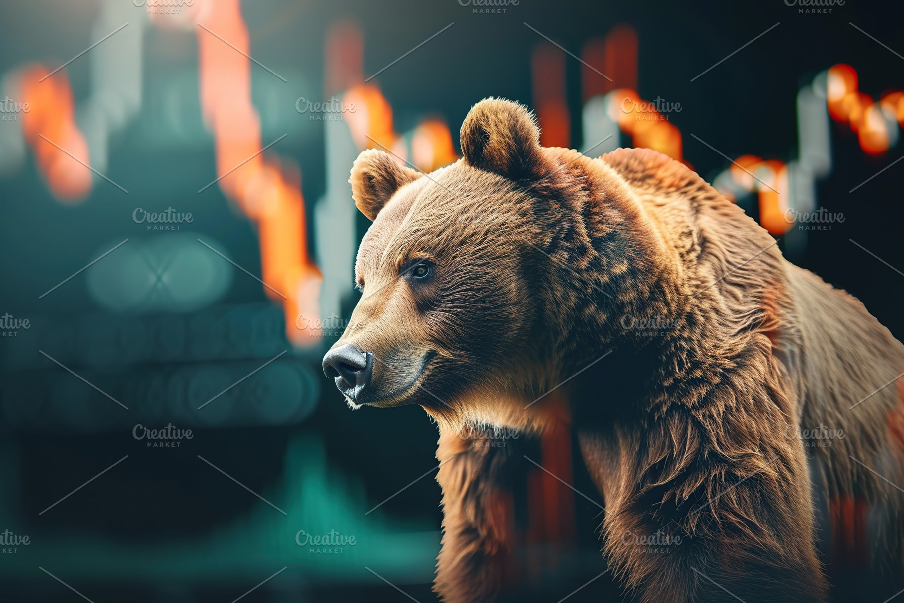 Big bear and computer screen with red stock market. Bear market, a Business Photo by AlyaAnd