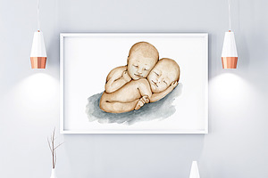 Cute Twins Newborn Watercolor Baby