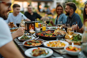 Group of young friends having a barbecue on a house backyard, a Food & Drink Photo by AlyaAnd