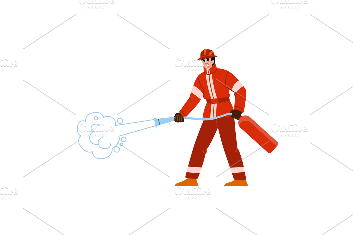 Firefighter extinguishing fire with, an Object Illustration by pikepicture