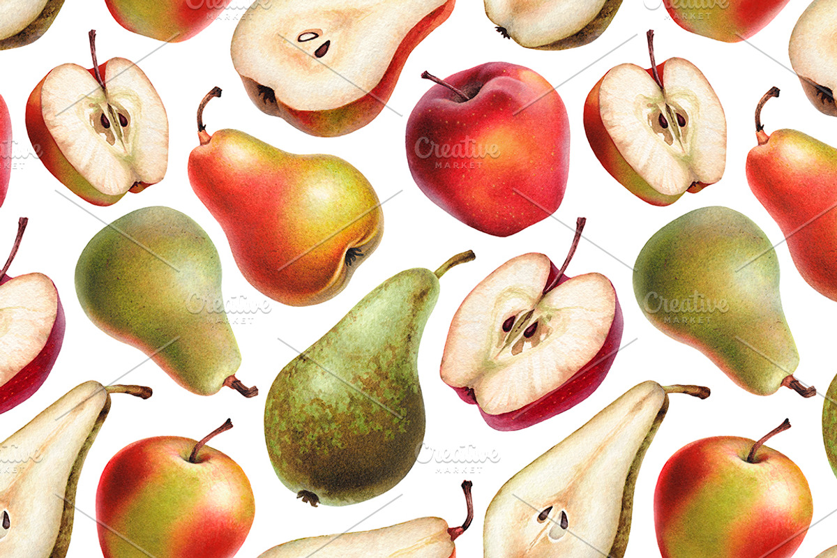 Illustrations of pears and apples, a Food Illustration by Sundra