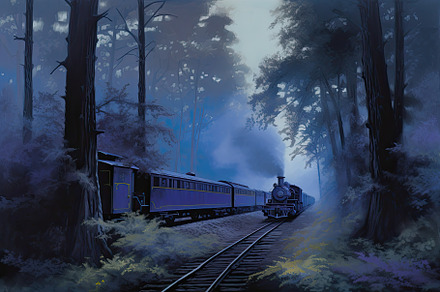 Beautiful and elegant vintage train traveling through a forest in purple and br, a Wallpaper Photo by José Manuel Gelpi