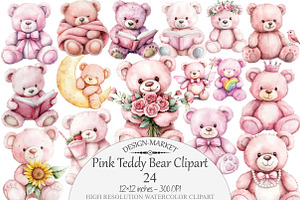 Watercolor Pink Teddy Bear Clipart, a Seasonal Illustration by Design Market
