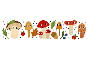 Cute Mushrooms Characters. Funny