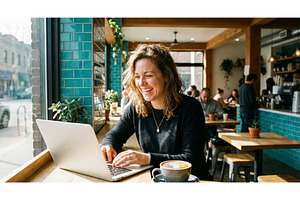 Woman Works on Laptop in Cafe, a Technology Photo by CREATIVEDEF