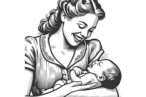 Smiling mother cradling her newborn, a Person Illustration by AlexArt