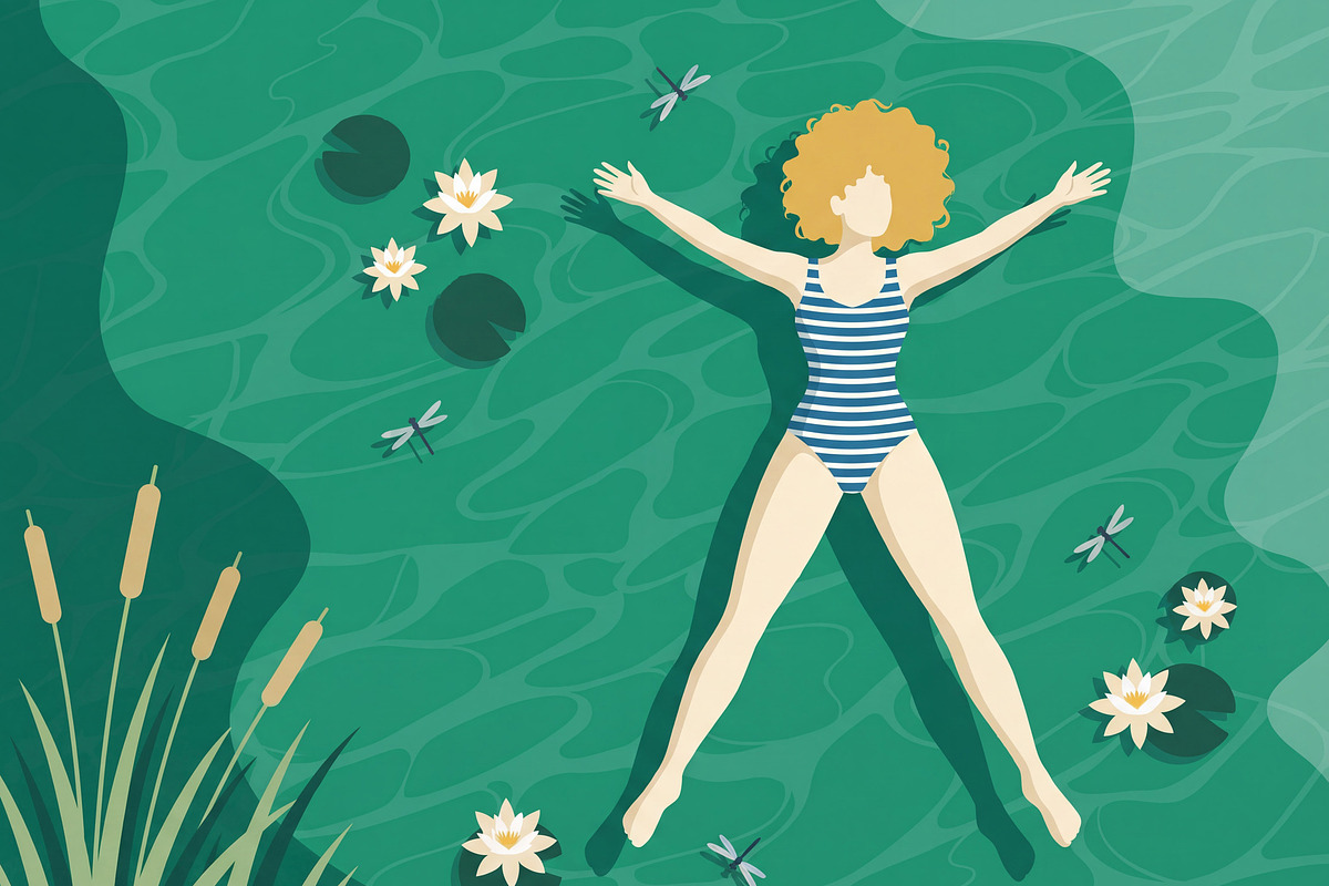 Woman Floating in Serene Lily Pond, a Person Illustration by Virgo Studio