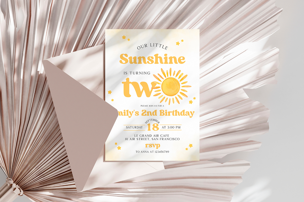 Sunshine 2nd Birthday Invitation, a Templates & Theme by VeliusCreativeStudio (Photo 3 of 3)