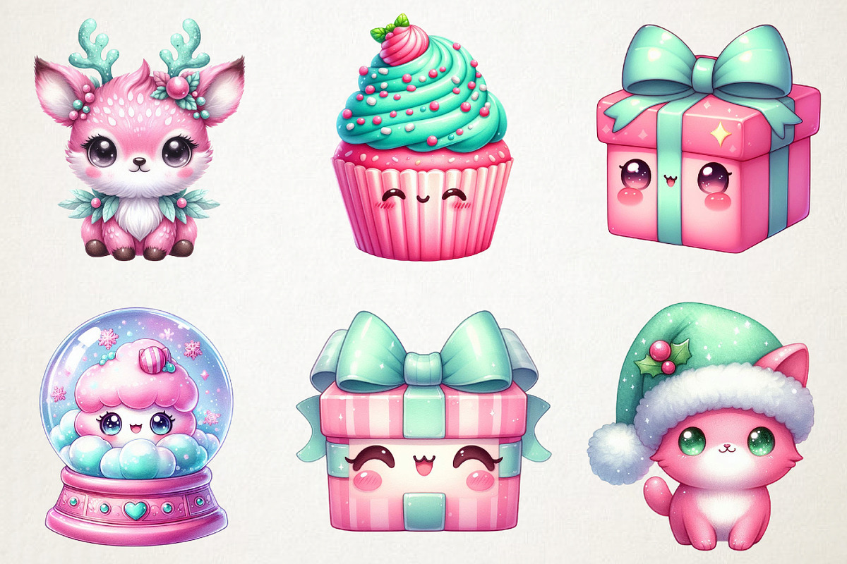 Kawaii Pink Mint Christmas Clipart, an Illustration by RobertsArt (Photo 2 of 7)