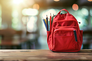 Modern school backpack on blurred classroom background. Back To, a Photo by AlyaAnd