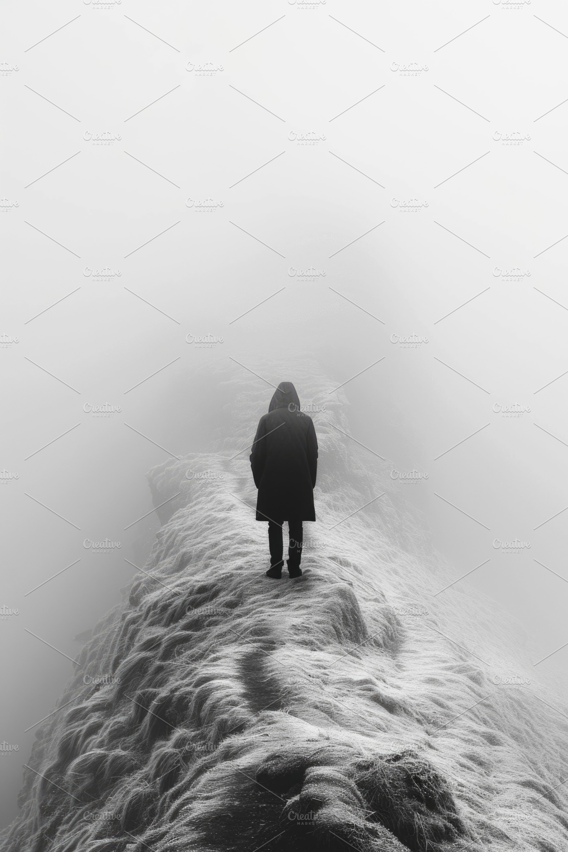 Solitary figure on narrow ridge in dense fog, minimal monochrome, an Abstract Photo by José Manuel Gelpi