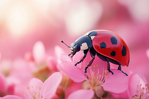 Closeup photo of a ladybug on the pink flower bud, an Animal Photo by AlyaAnd