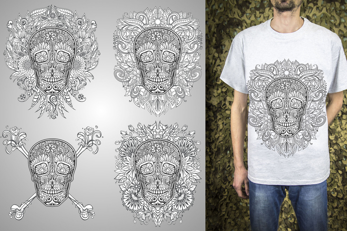 Sugar skulls set, vector, an Illustration by Red Spruce's Vector Shop
