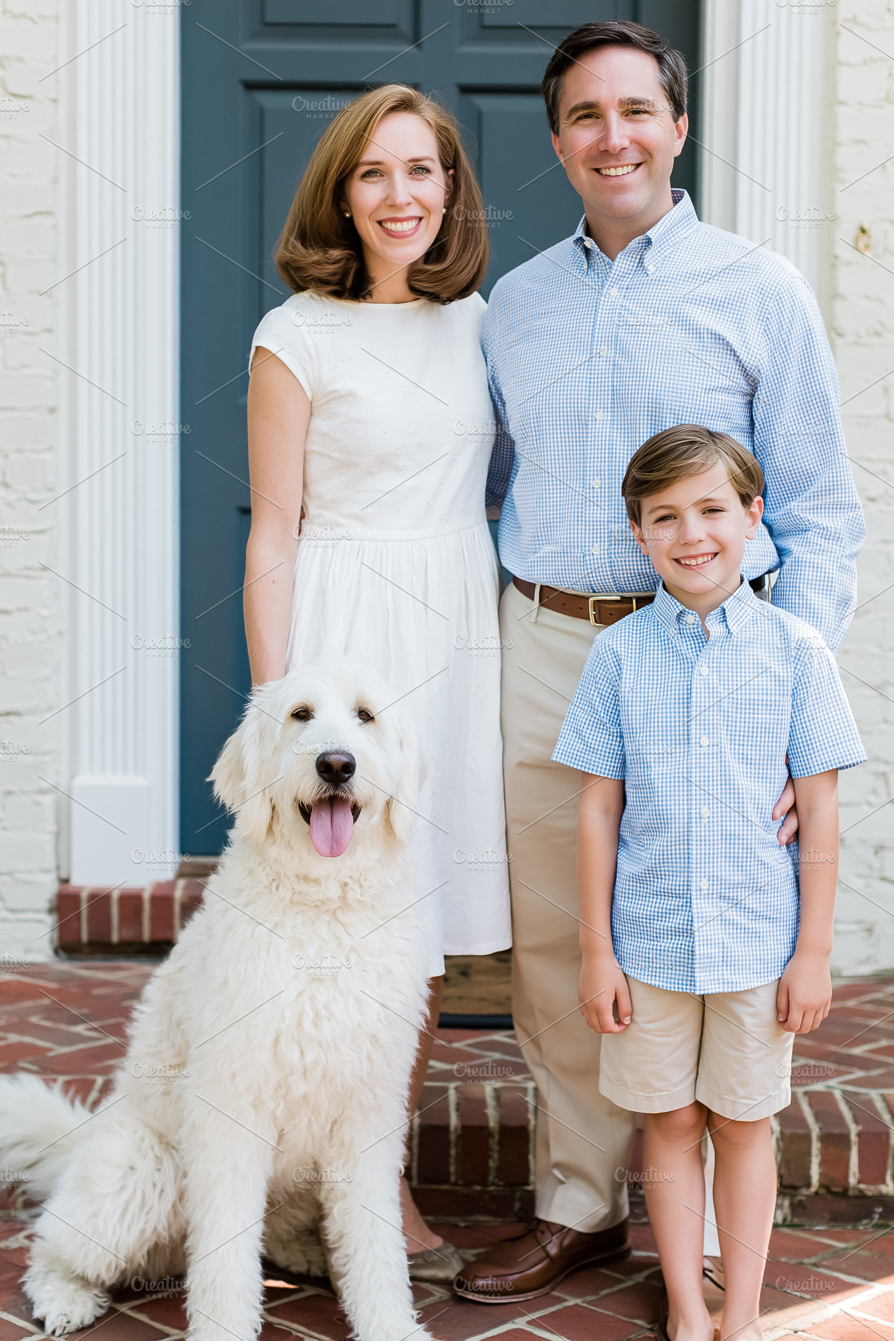 Happy family with son and pet dog standing together outdoors, sm, a Person Photo by Studio ANNA