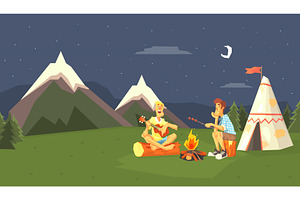 Male Tourists Camping at Evening, a Sport Illustration by TopVectors