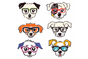 Six Cartoon Dogs Wearing Colorful