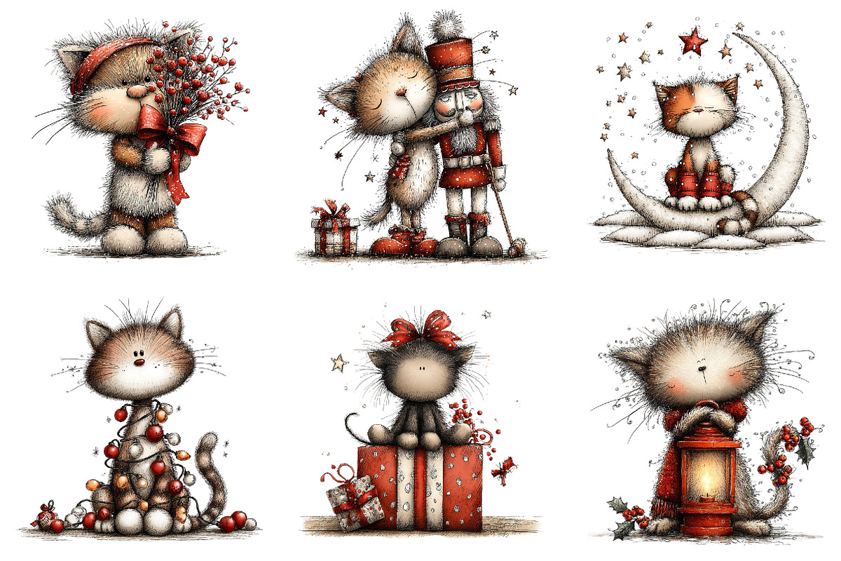 Whimsical Christmas Cats Clipart, a Seasonal Illustration by designcity5 (Photo 2 of 5)