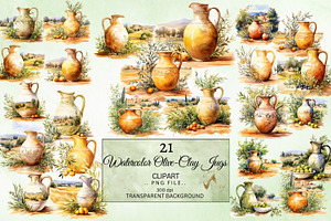 Watercolor Olive Clay Jugs Clipart