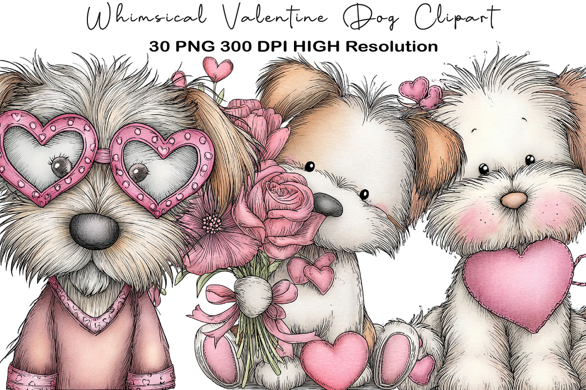 Whimsical Valentine Dog Clipart, an Illustration by Black Bird Studio (Photo 1 of 6)
