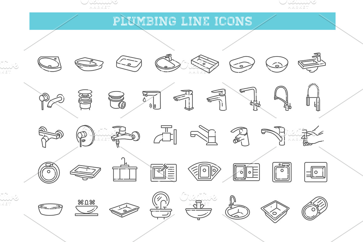 Plumbing and Sink Line Icons Set, an Outline Icon by Tettygreen (Photo 1 of 2)