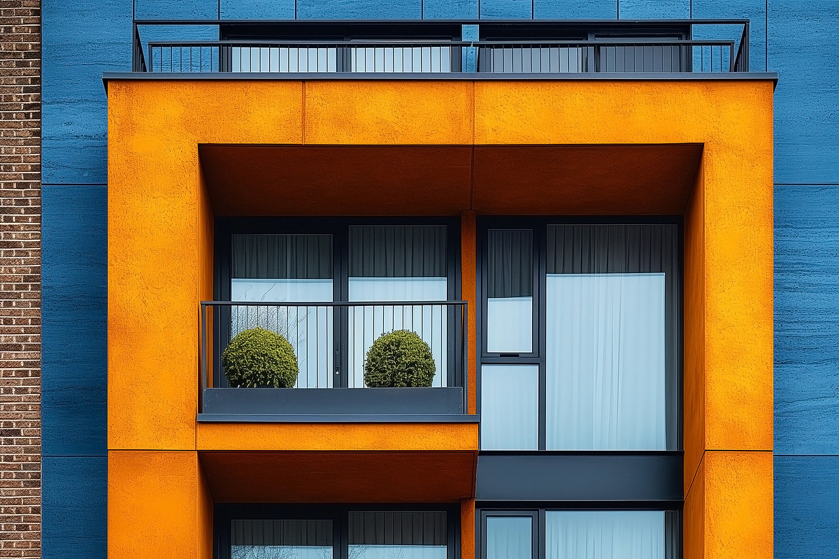Vibrant modern architecture showcases bold orange accents agains, a Decorative Illustration by ImageMir