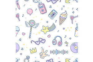 Kawaii music elements seamless, an Illustration by LadadikArt