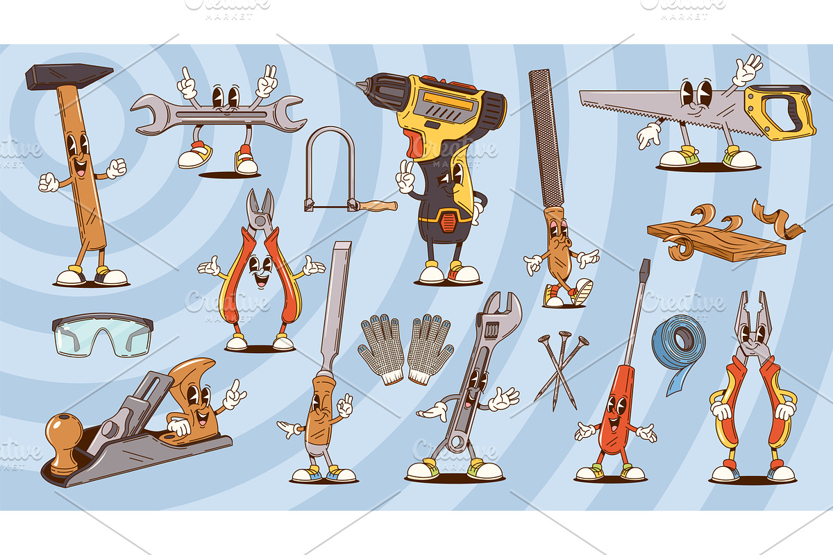 Cartoon groovy repair and DIY tools, an Object Illustration by Vector Tradition