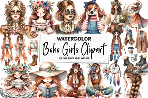 Watercolor Boho Girls Clipart, an Illustration by DreamArtGraphic