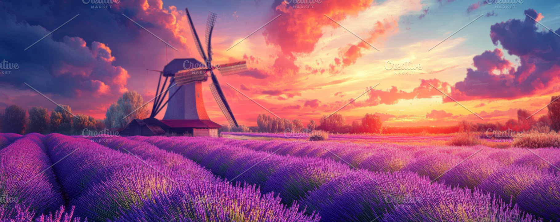 Serene Windmill in Lavender Field at Sunset Banner, an Abstract Photo by Natalia Klenova's Shop