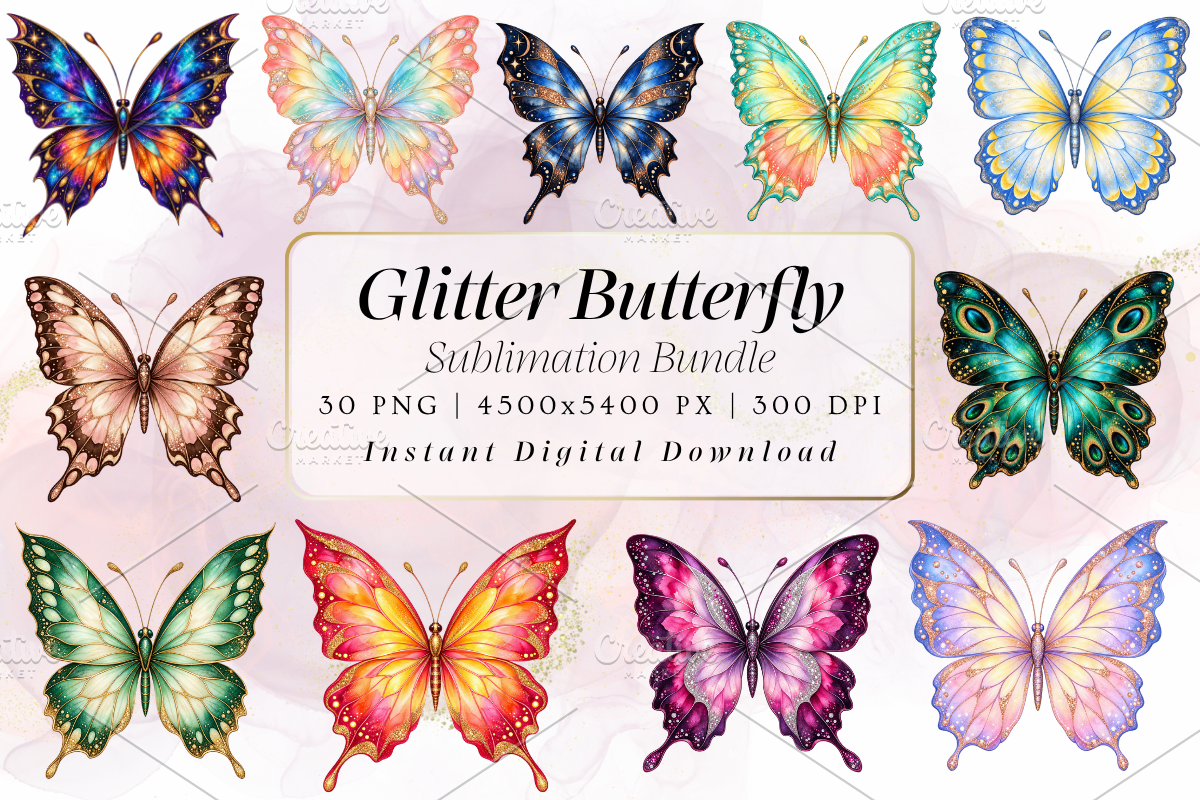 Glitter Butterfly Clipart PNG Bundle, an Animal Illustration by Ink Gallery (Photo 1 of 13)