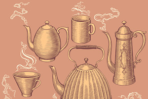 Set Tea & Coffee. Vector Engraving.