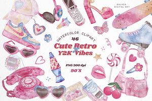 Y2k Retro Watercolor Clipart bundle