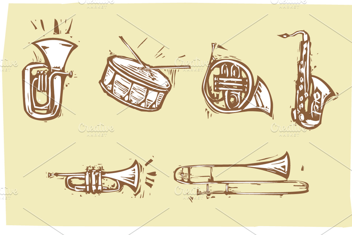 Woodcut Musical Instruments, an Object Graphic by Xochicalco's Ruin