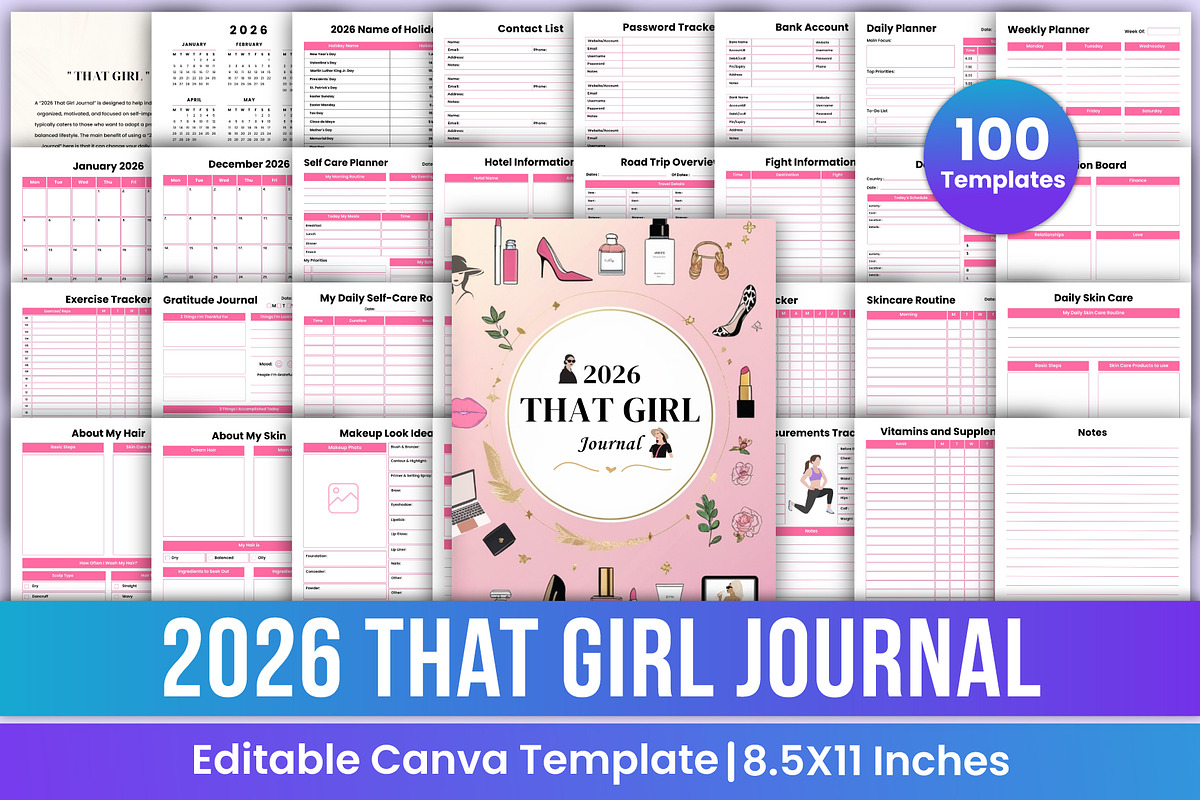2026 That Girl Journal Bundle Canva, a Stationery Template by Mustafiz (Photo 1 of 12)