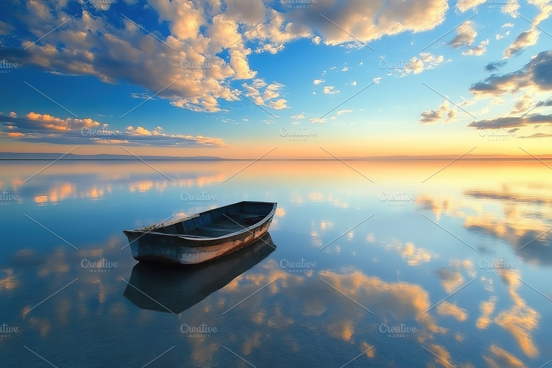 Beautiful sunset over calm water with a solitary boat floating peacefully, a Photo by AlyaAnd
