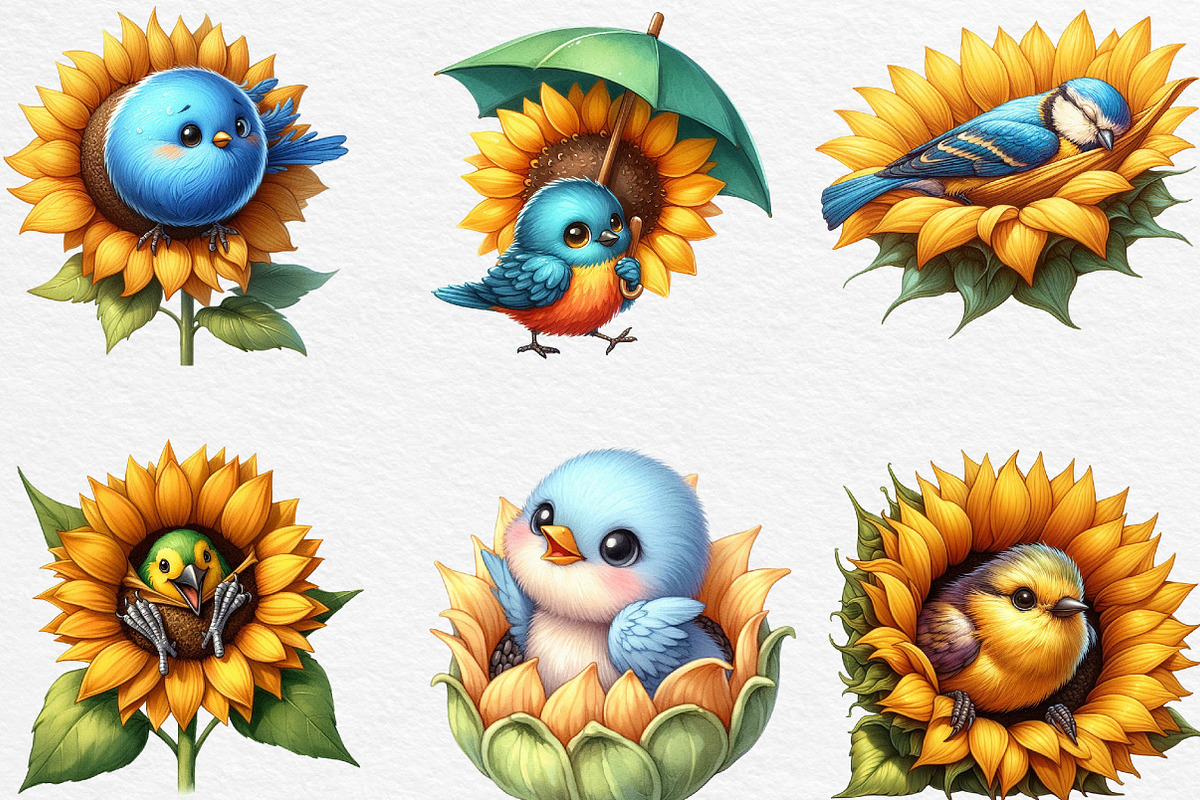 Funny Bird & Sunflower Clipart, an Illustration by Black Bird Studio (Photo 3 of 4)