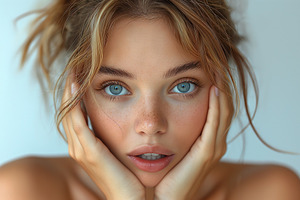 Close-up of a young woman with striking blue eyes and natural freckles, conveyi, a Background Photo by ImageMir