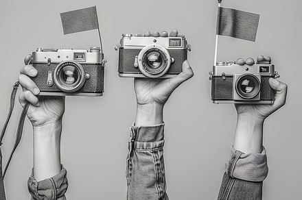 Creative Photo Concept with Hands Holding Retro Cameras and Geometric Cutouts, a Photo by AS photostudio
