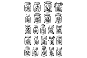 Glass Jars with Herbs Engraving Set, an Object Graphic by nikagraphic
