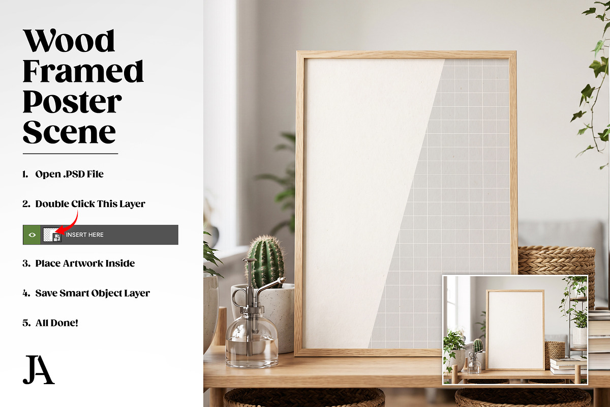 Wood Framed Poster DIN A PSD Mockup, a Household Mockup by Julian Adams (Photo 3 of 3)
