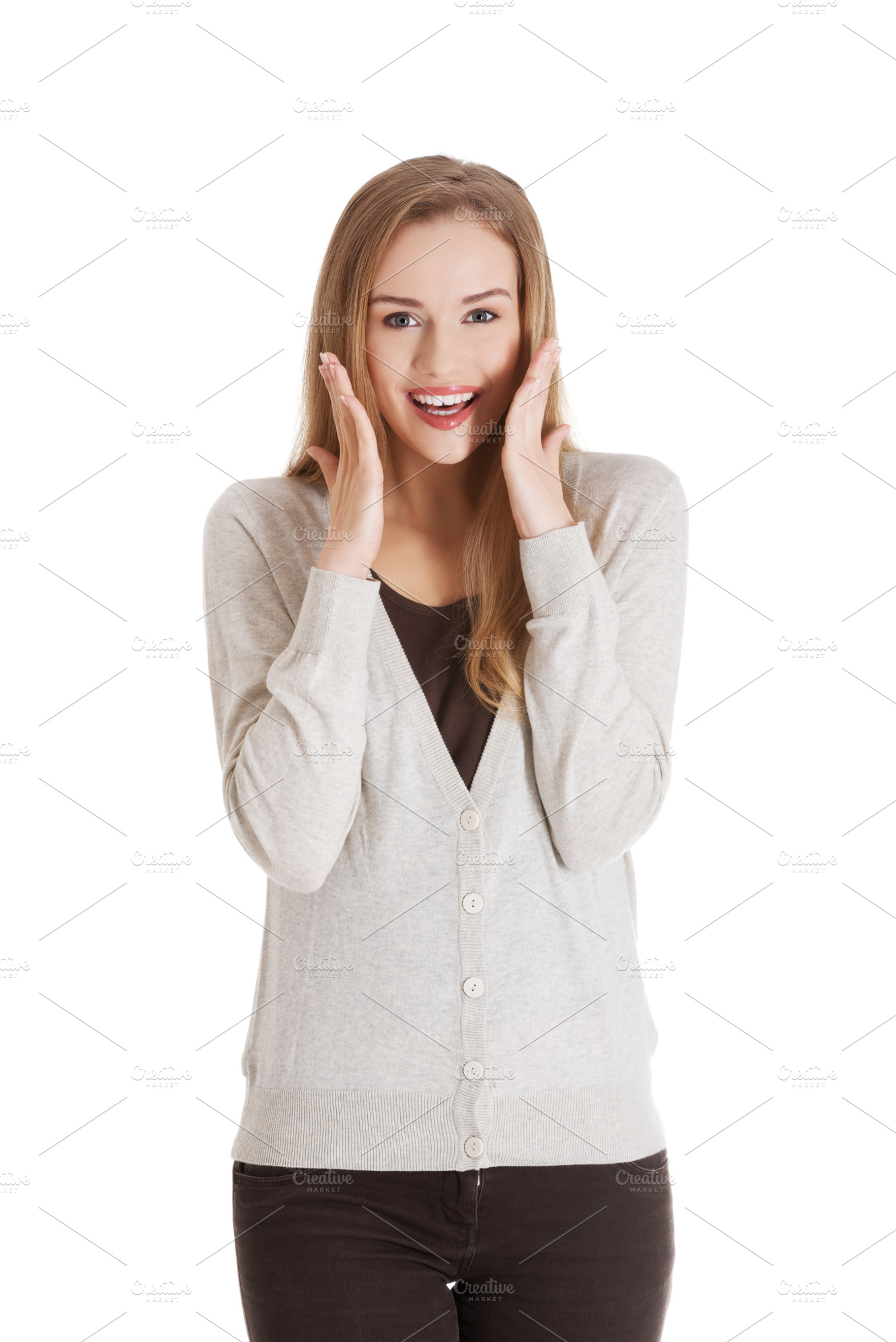 Beautiful positive and casual woman expressing surprise stock photo, a Person Photo by PhotoMediaGroup