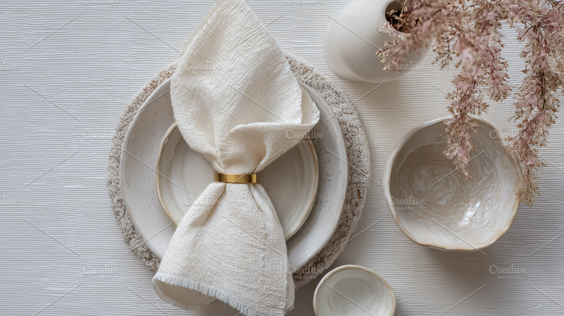 Dining table setting with a folded linen napkin and gold ring on, a Photo by Studio ANNA
