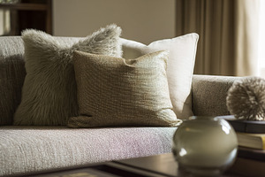 Cushions and pillows on a contemporary couch creating a cozy and, a Photo by Studio ANNA