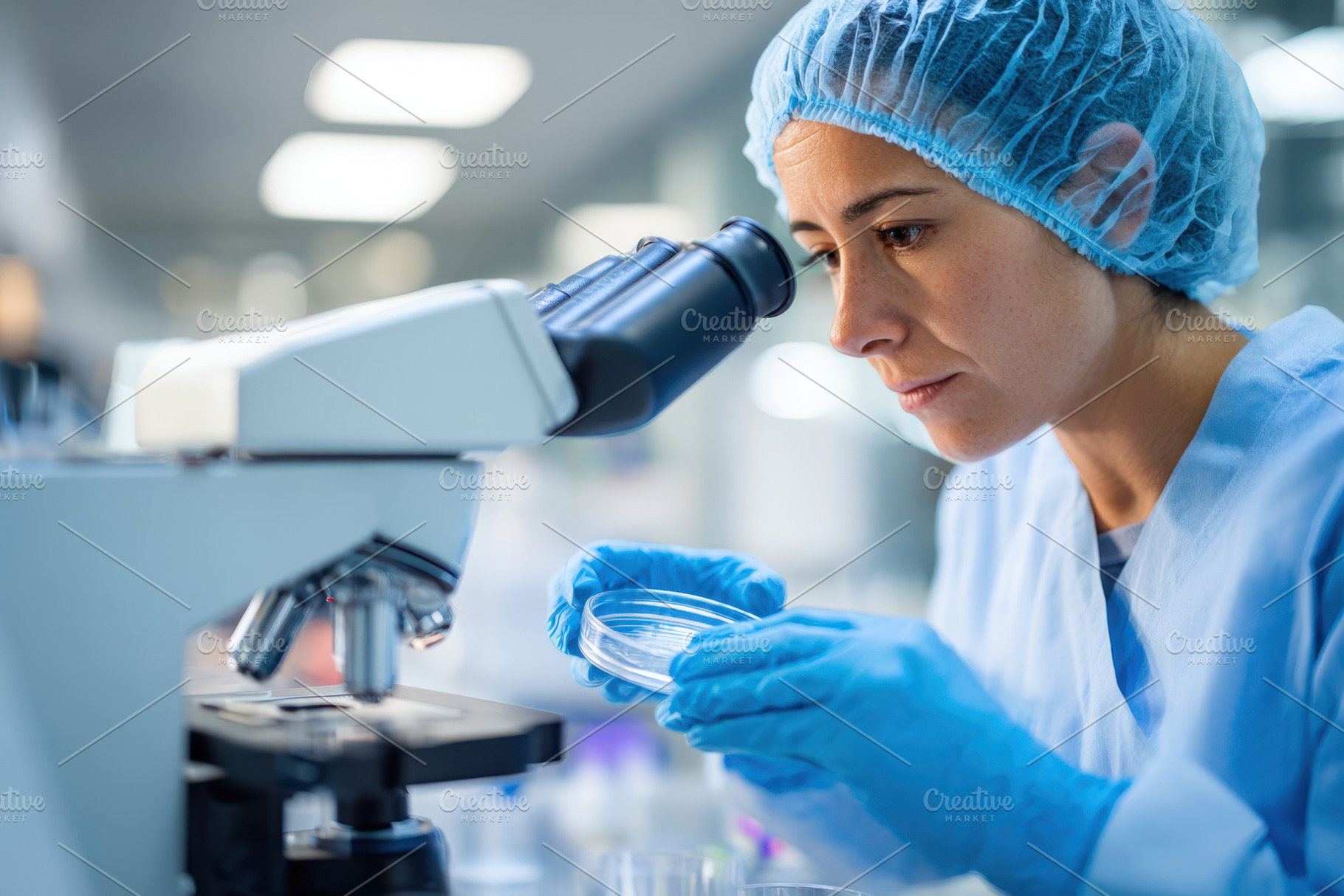Female scientist examining petri dish under microscope, a Health & Medical Photo by AlyaAnd