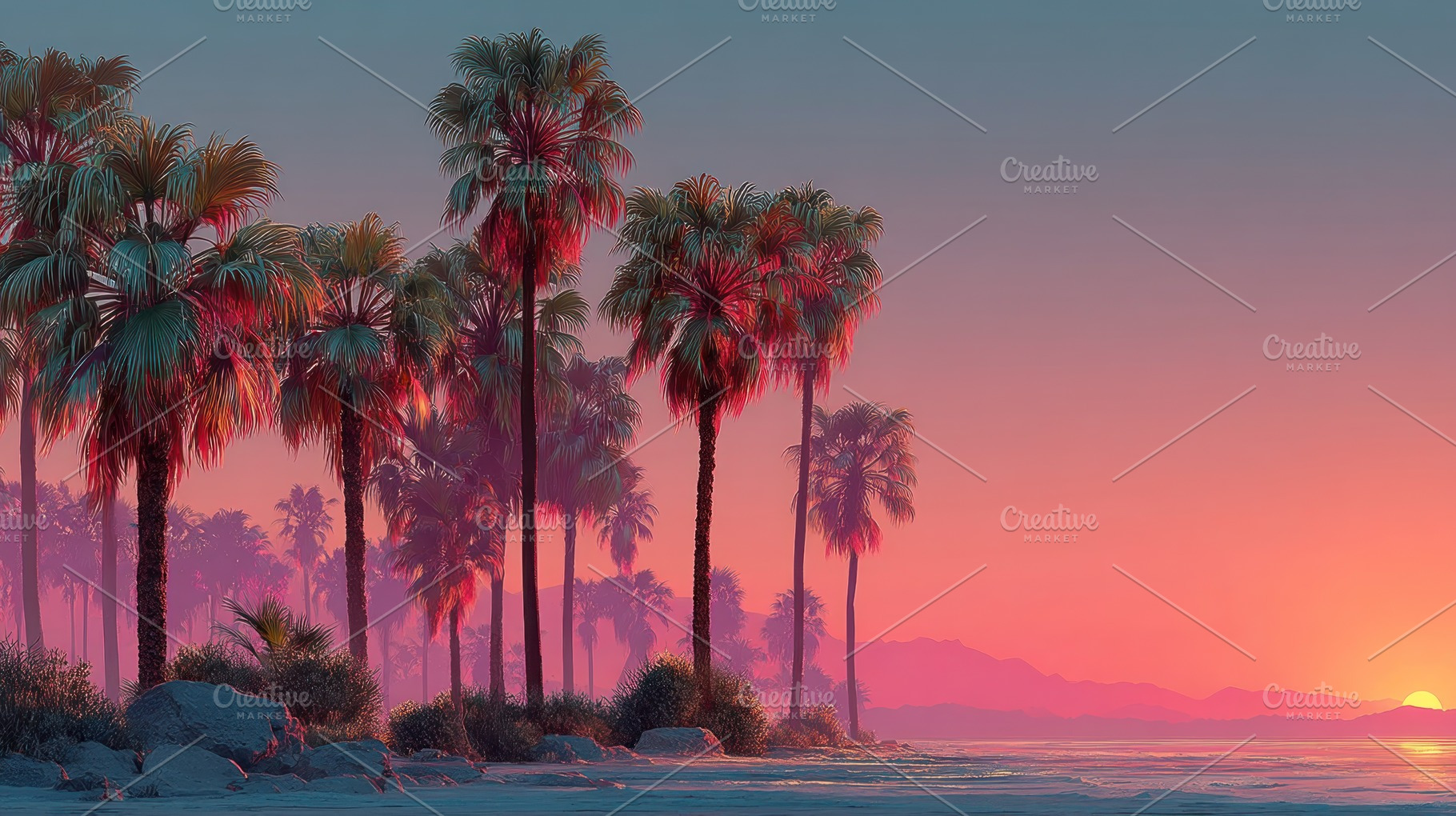 Tropical beach sunset with tall palm trees, colorful sky, and di, a Nature Photo by José Manuel Gelpi