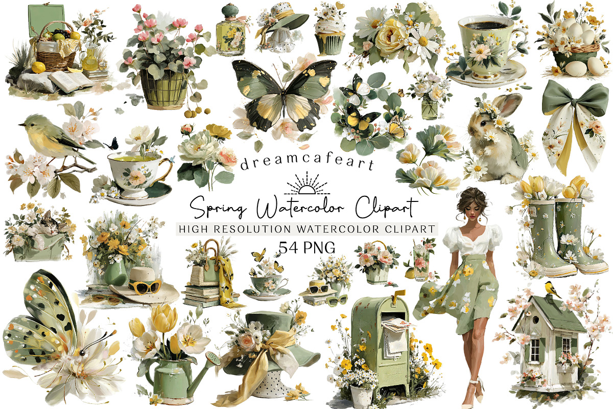 Spring Watercolor Clipart Set, an Illustration by DreamCafeArt (Photo 1 of 6)
